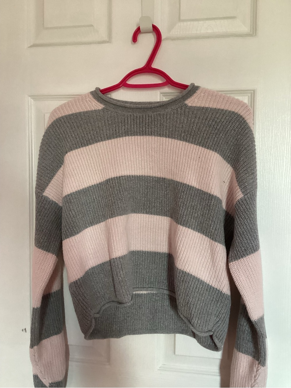 Hollister Pink and Gray Striped Crewneck Sweater